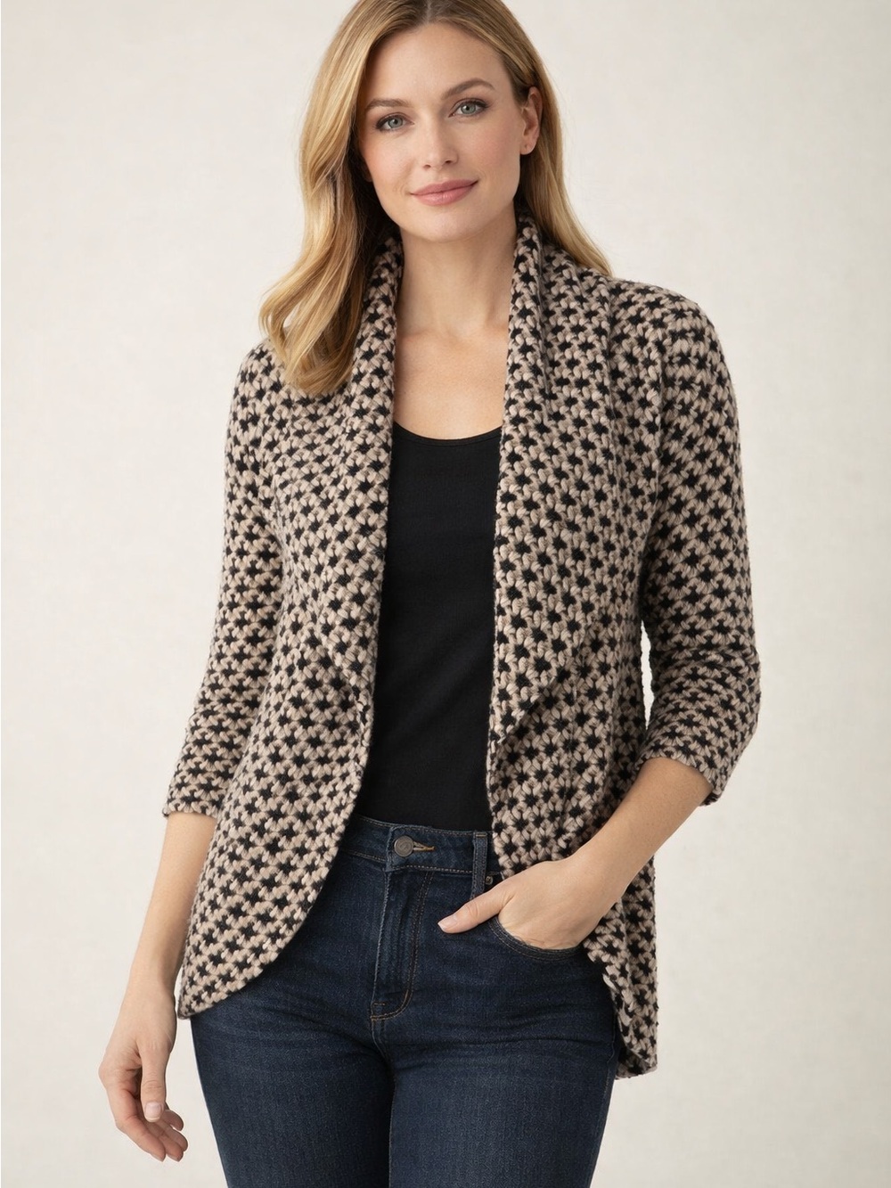 hazel‎ retro indie boho Beige and Black Houndstooth Draped Blazer